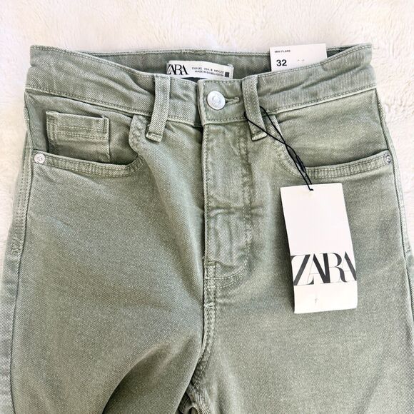 Zara Jeans Size 0 Mini Flare High Rise Ankle Stretch Green Denim Boho Hippie - Picture 2 of 8